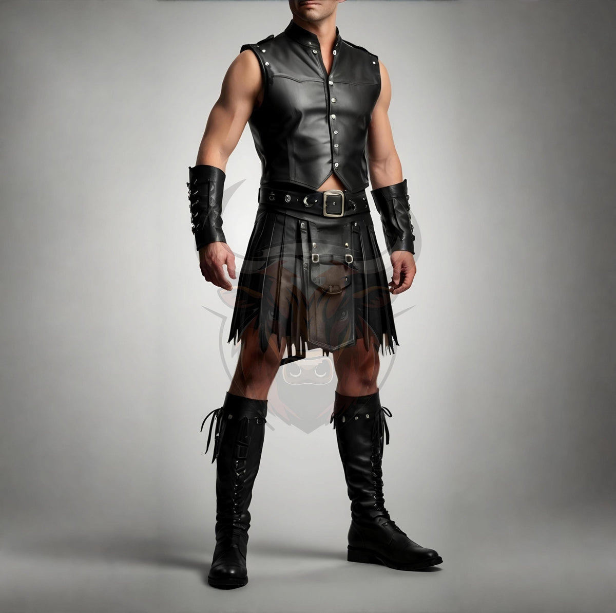 Men’s Black Leather Kilt & Vest Set Gothic Warrior Steampunk Biker Festival Cosplay Outfit