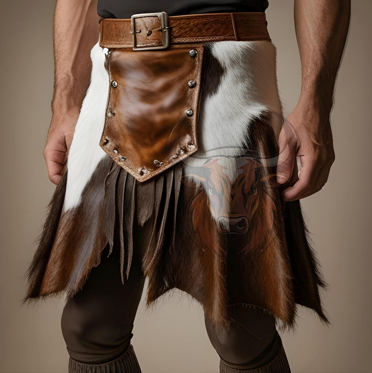 Handmade Cowhide Leather Kilt Men | Genuine Hair-On Hide Scottish Cowboy Festival Outfit Unique
