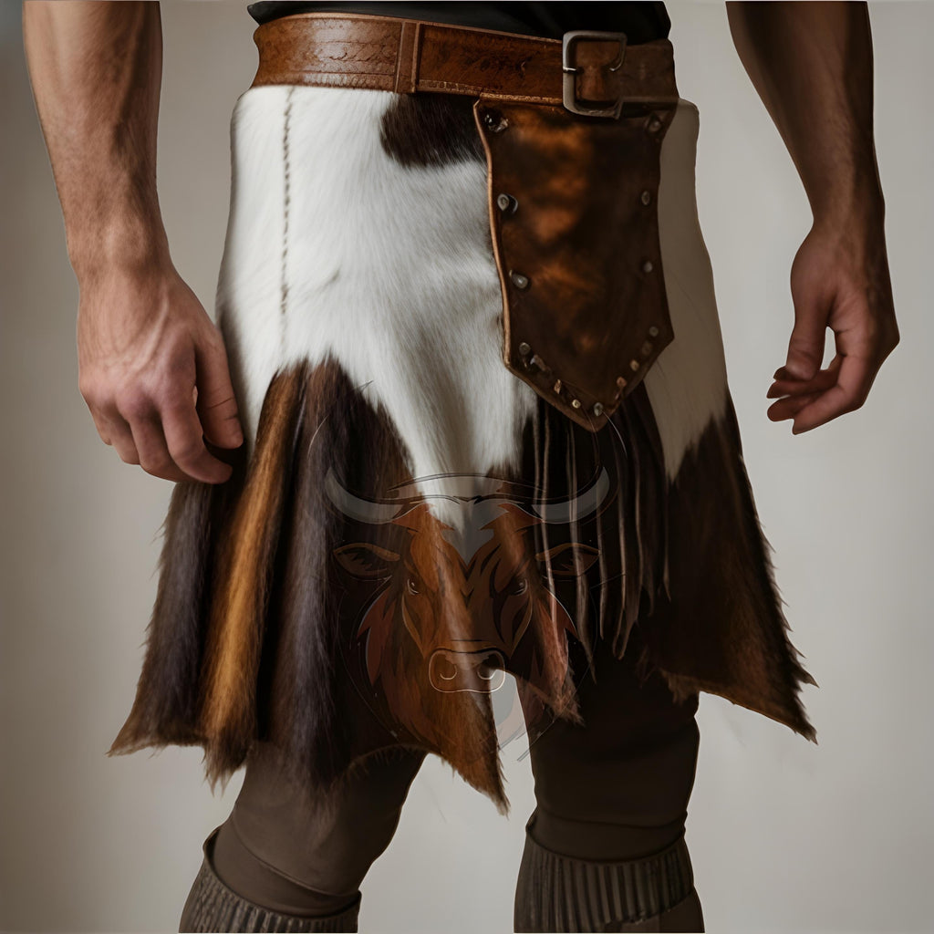 Handmade Cowhide Leather Kilt Men | Genuine Hair-On Hide Scottish Cowboy Festival Outfit Unique