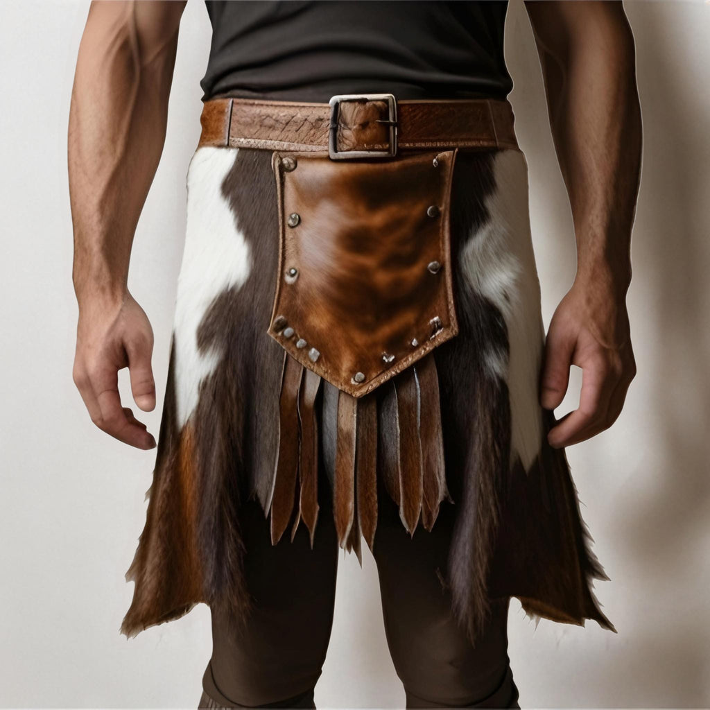 Handmade Cowhide Leather Kilt Men | Genuine Hair-On Hide Scottish Cowboy Festival Outfit Unique
