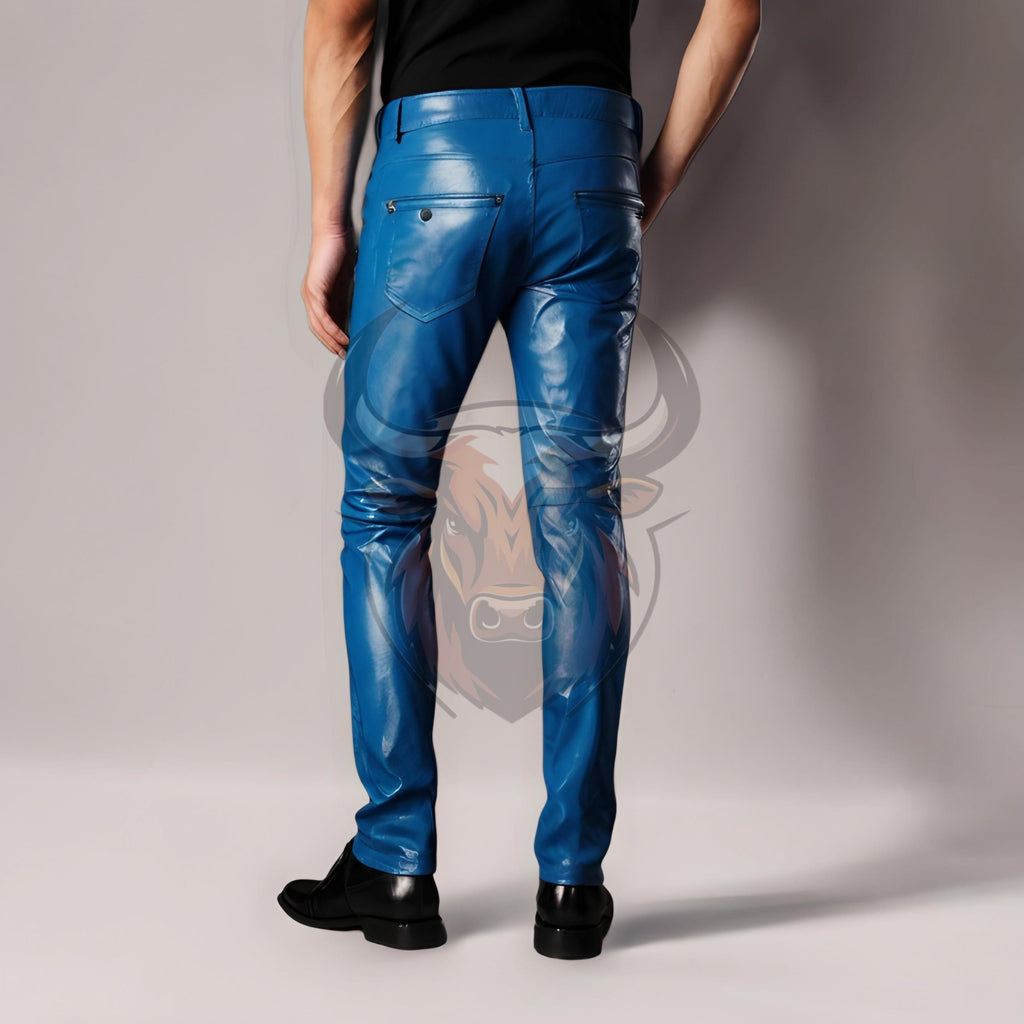 Handmade Men’s Blue Leather Pants | Genuine Slim Fit Biker Trousers | Gothic Steampunk Jeans