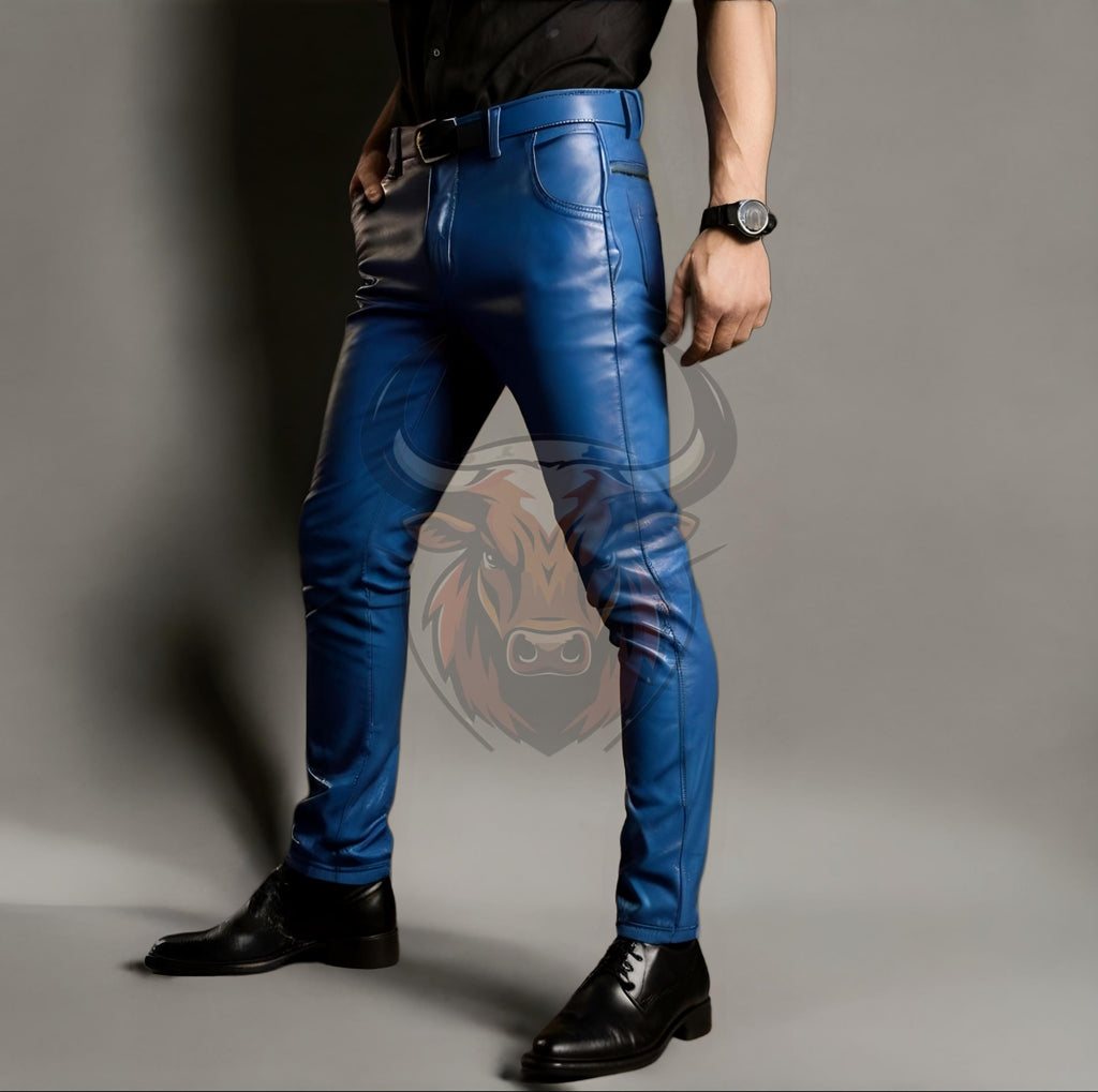 Handmade Men’s Blue Leather Pants | Genuine Slim Fit Biker Trousers | Gothic Steampunk Jeans