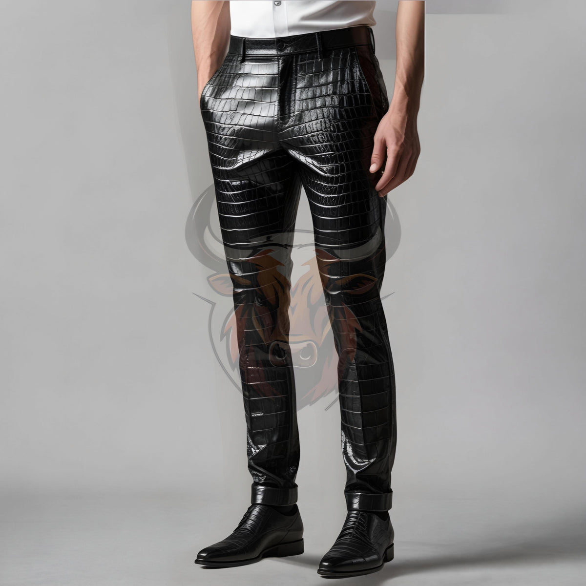 Men’s Black Crocodile Leather Pants | Slim Fit Handmade Genuine Designer Trousers | Gothic Biker