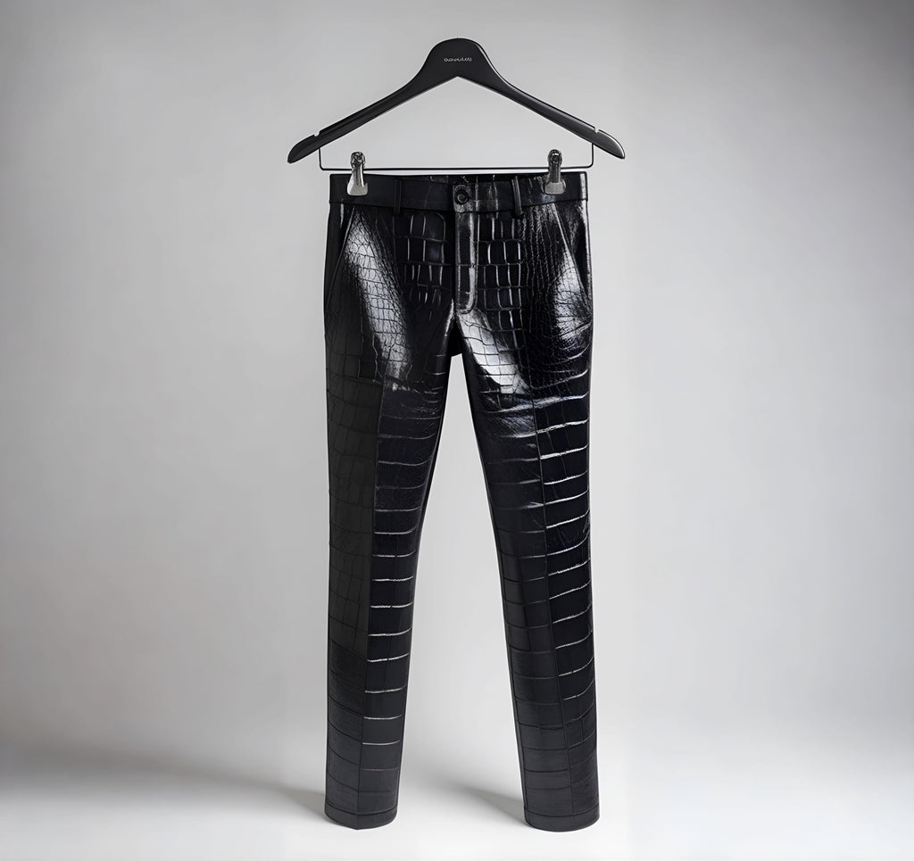 Men’s Black Crocodile Leather Pants | Slim Fit Handmade Genuine Designer Trousers | Gothic Biker