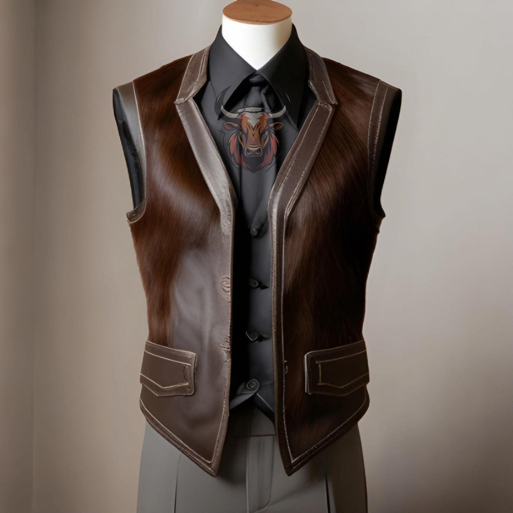 Handmade Genuine Cowhide Leather Vest Men’s Western Rodeo Cowboy Fur Waistcoat Rustic Outfit