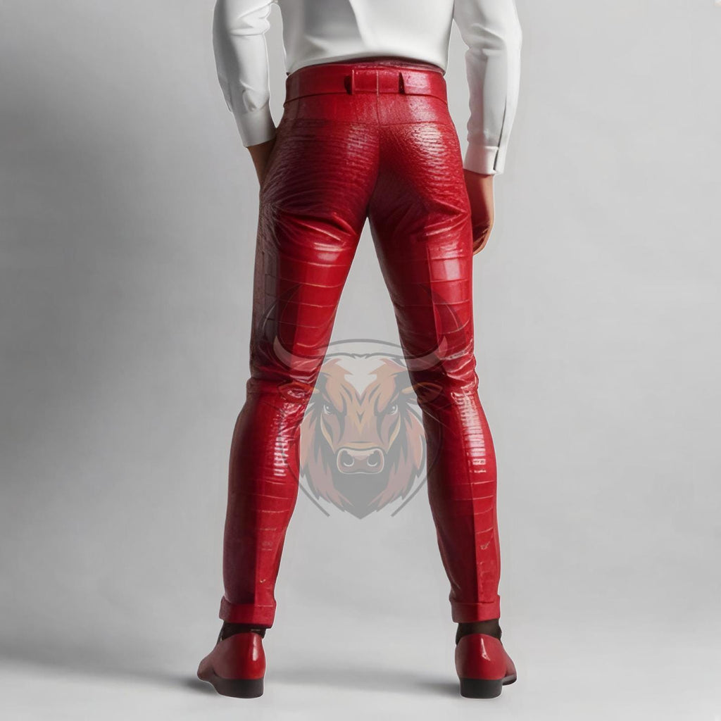 Red Crocodile Leather Pants | Slim Fit Handmade Men’s Trousers | Biker Rockstar Designer Fashion