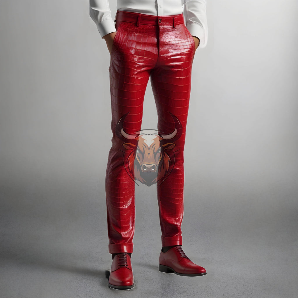Red Crocodile Leather Pants | Slim Fit Handmade Men’s Trousers | Biker Rockstar Designer Fashion