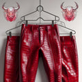 Red Crocodile Leather Pants | Slim Fit Handmade Men’s Trousers | Biker Rockstar Designer Fashion