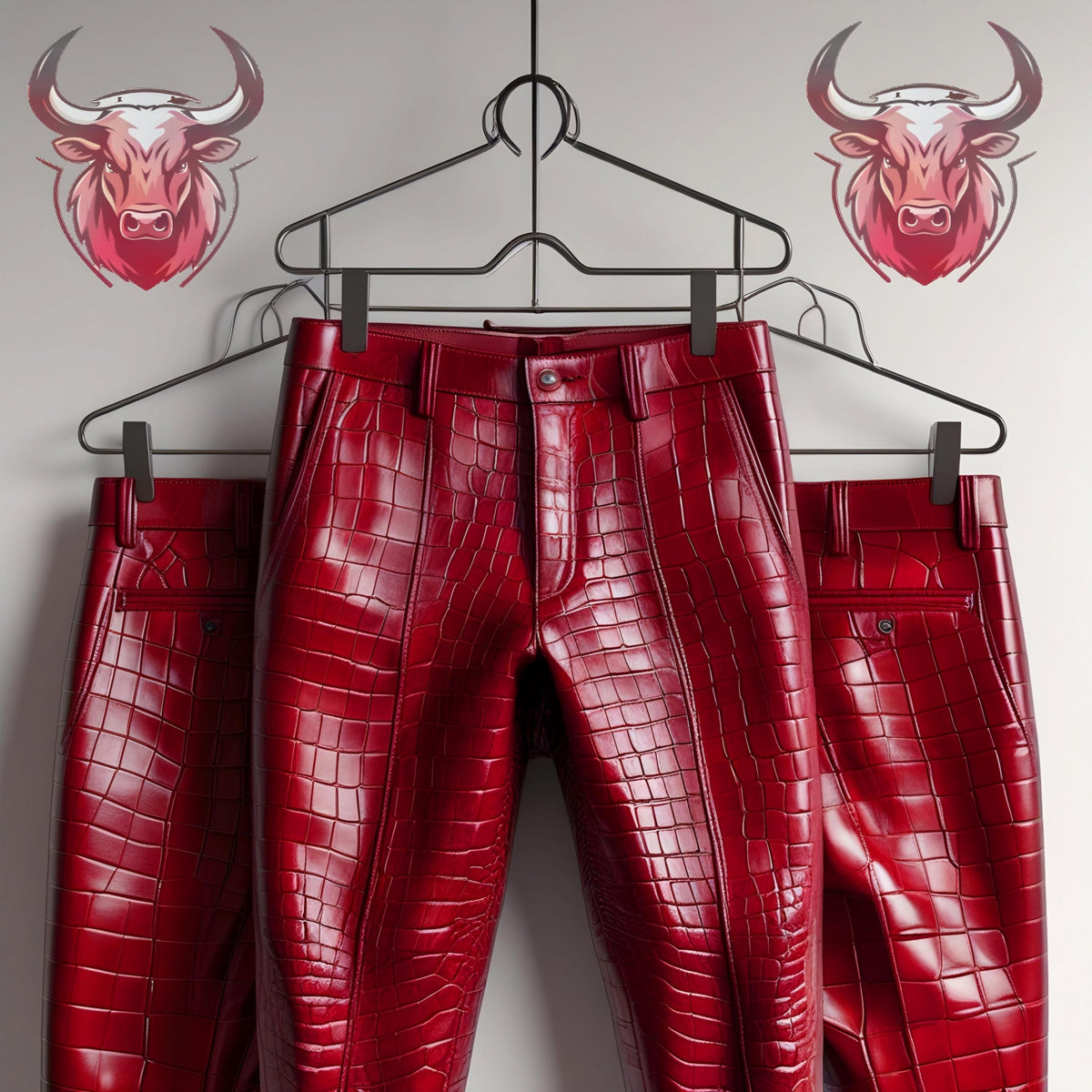 Red Crocodile Leather Pants | Slim Fit Handmade Men’s Trousers | Biker Rockstar Designer Fashion