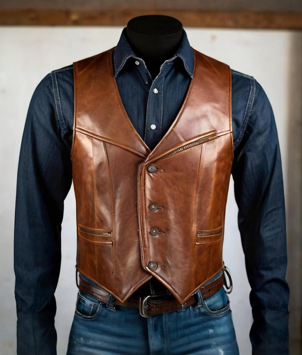 Men's Brown Handmade Leather Vest | Western Cowboy Waistcoat | Biker Steampunk Vintage Gothic Vest