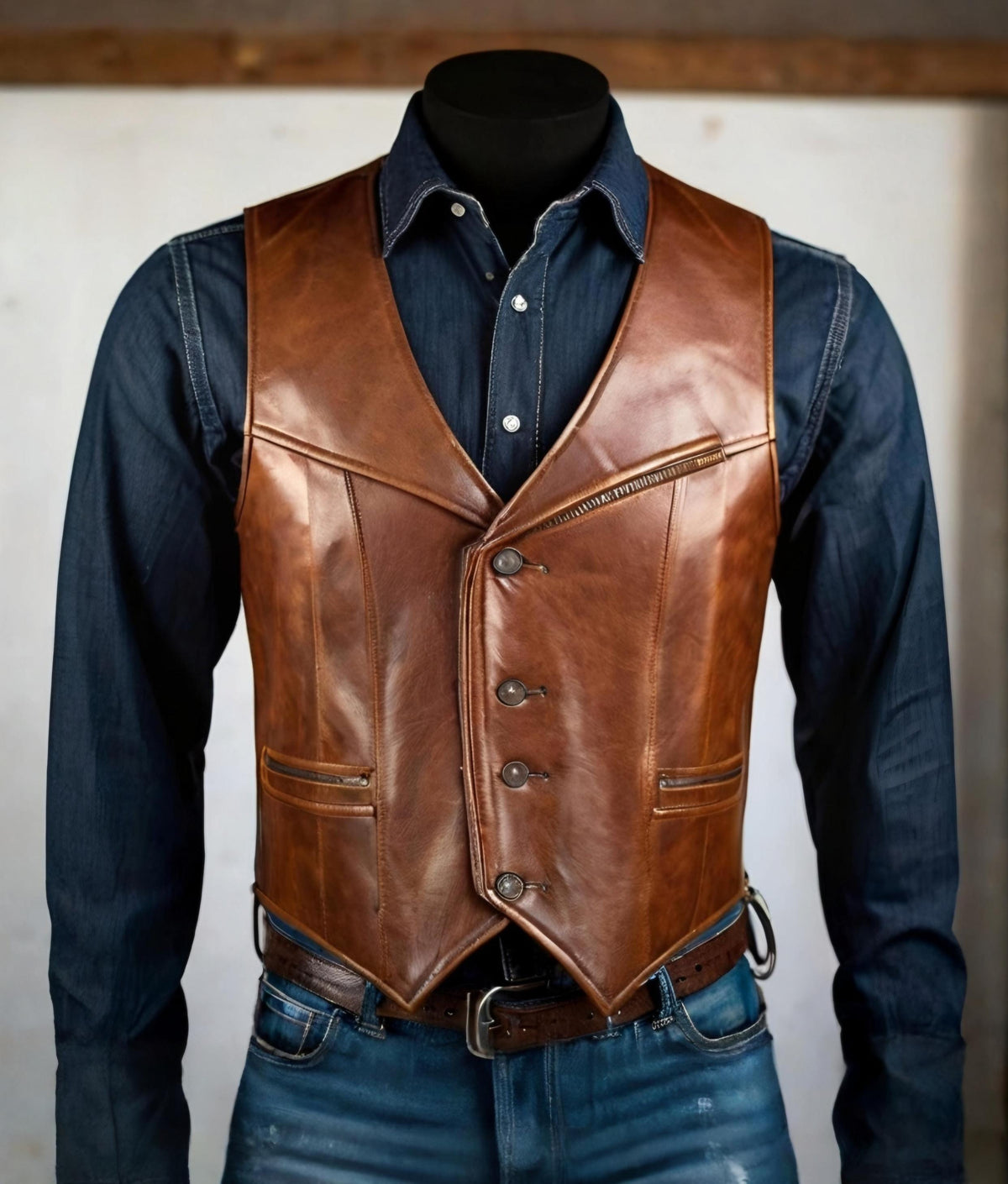 Men's Brown Handmade Leather Vest | Western Cowboy Waistcoat | Biker Steampunk Vintage Gothic Vest