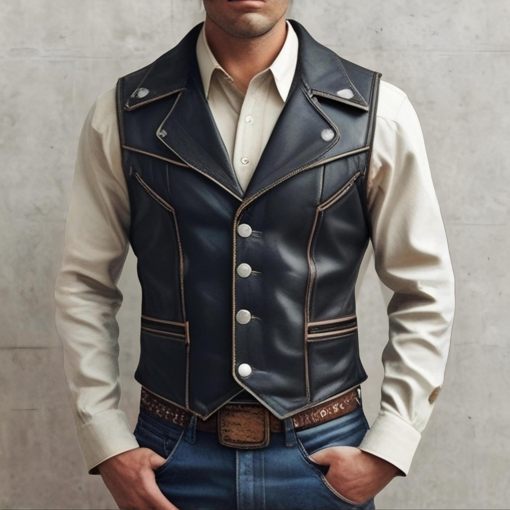 Men’s Western Cowboy Leather Vest | Handmade Genuine Waistcoat | Vintage Steampunk Biker Fashion Gift