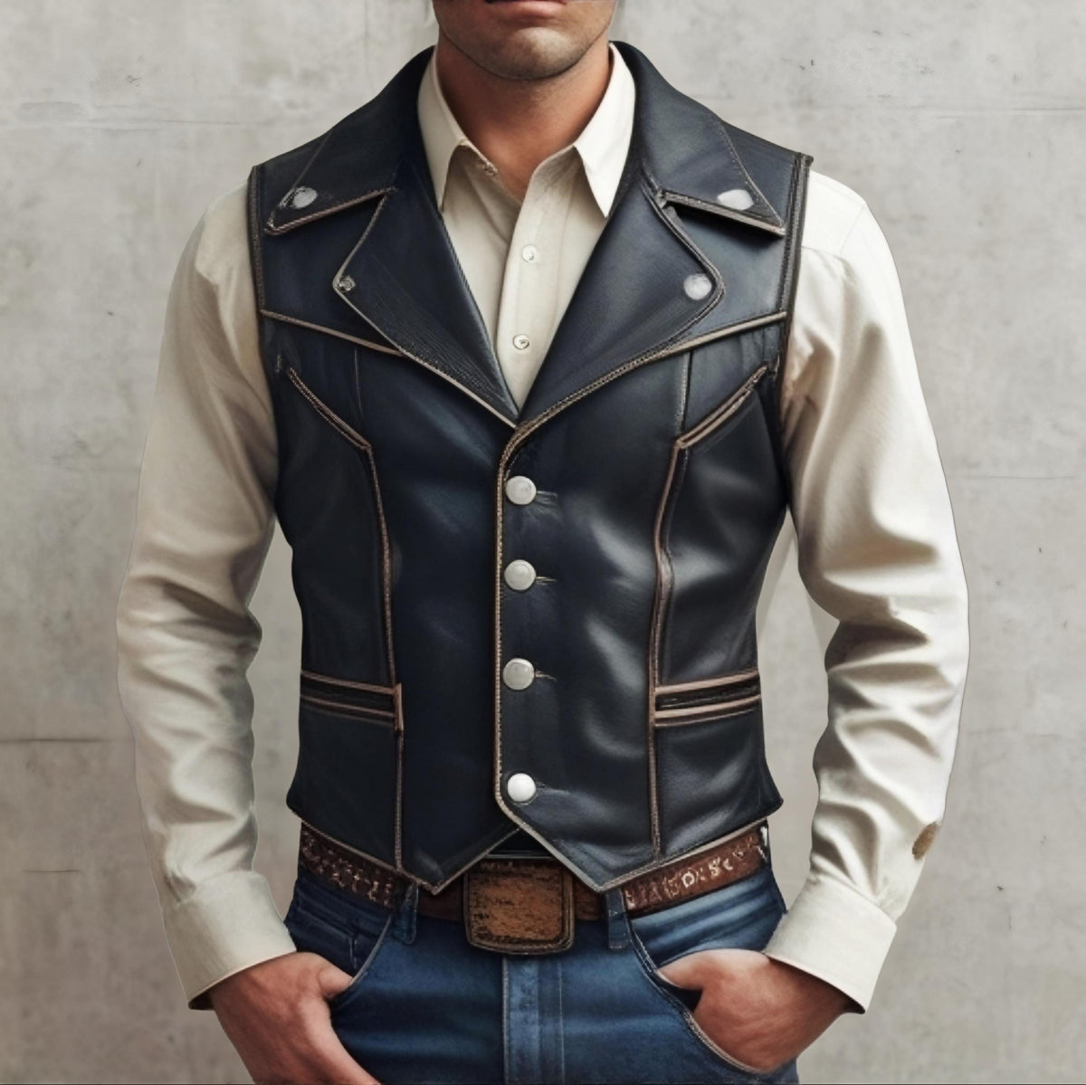 Men’s Western Cowboy Leather Vest | Handmade Genuine Waistcoat | Vintage Steampunk Biker Fashion Gift