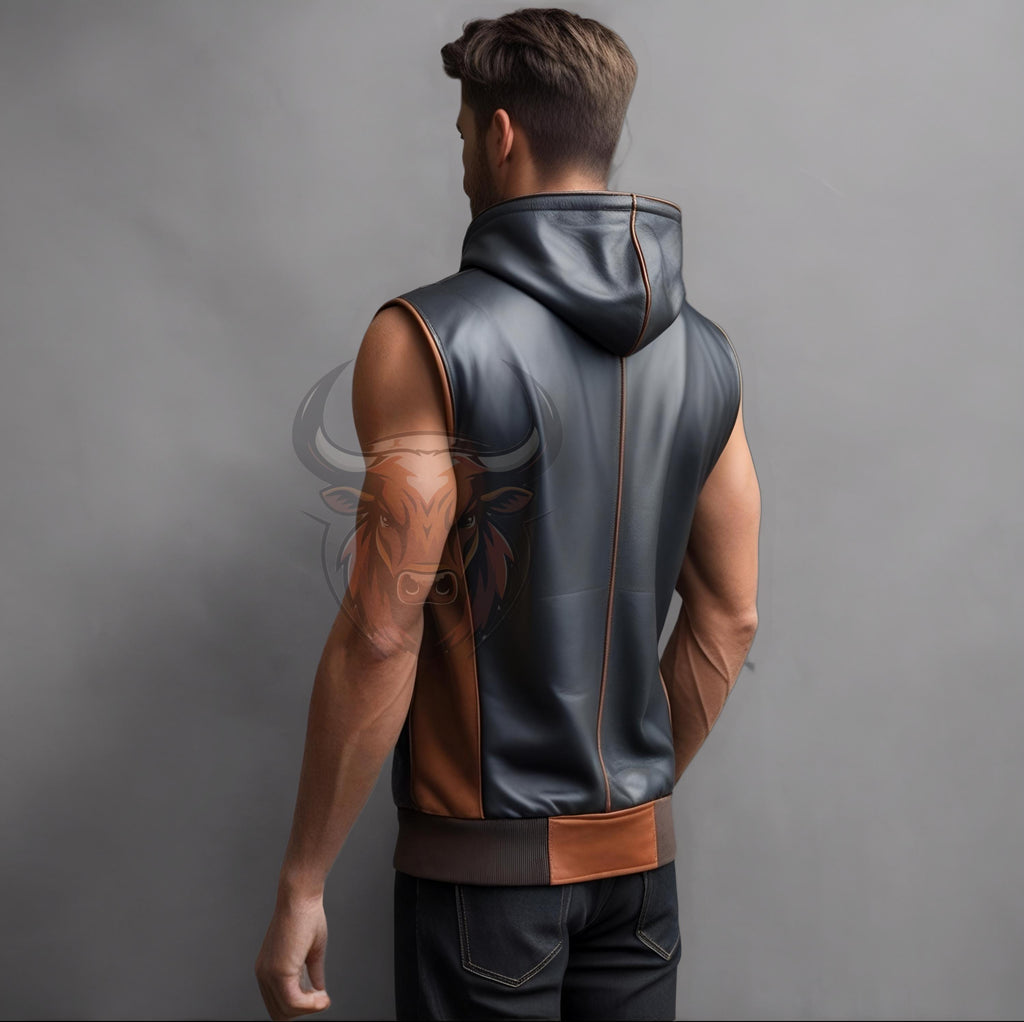 Men’s Sleeveless Leather Hoodie Vest Black Brown Biker Zip-Up Handmade Gothic Streetwear Muscle Fit