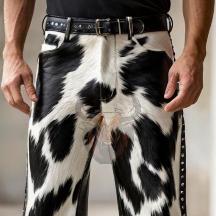 Handmade Cowhide Leather Pants Genuine Hair-On Hide | Western Rodeo Cowboy Vintage Biker Baggy Trousers