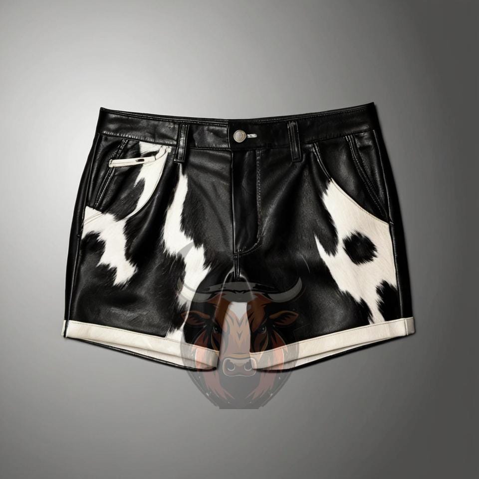 Cowhide Leather Shorts Black White Hairon | Handmade Western Cowboy Biker Festival Streetwear Summer Shorts
