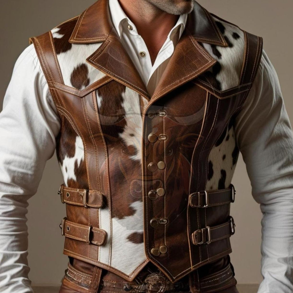 Men’s Genuine Cowhide Leather Vest | Handmade Western Cowboy Waistcoat | Rustic Rodeo Biker Gift
