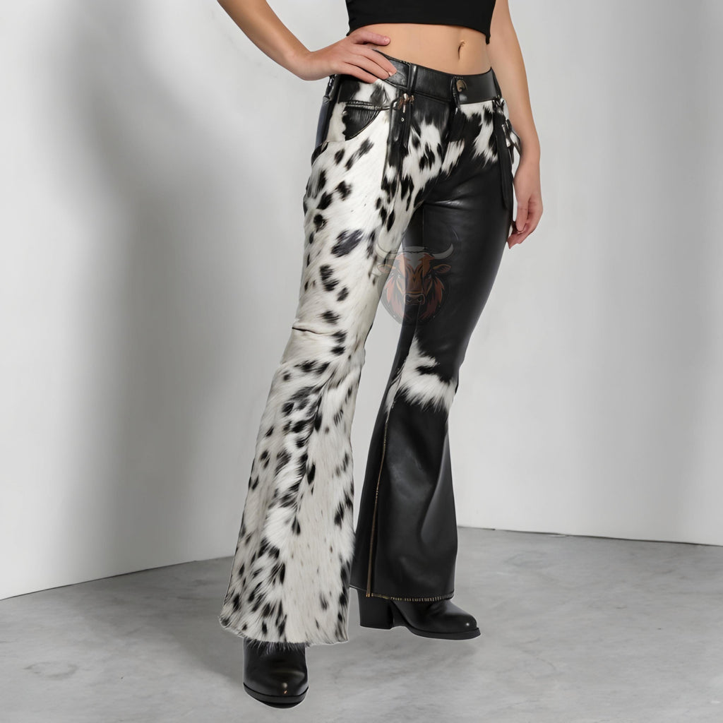 Women’s Vintage Cowhide Leather Bell Bottom Flare Pants | Boho Western Rodeo Style Trousers