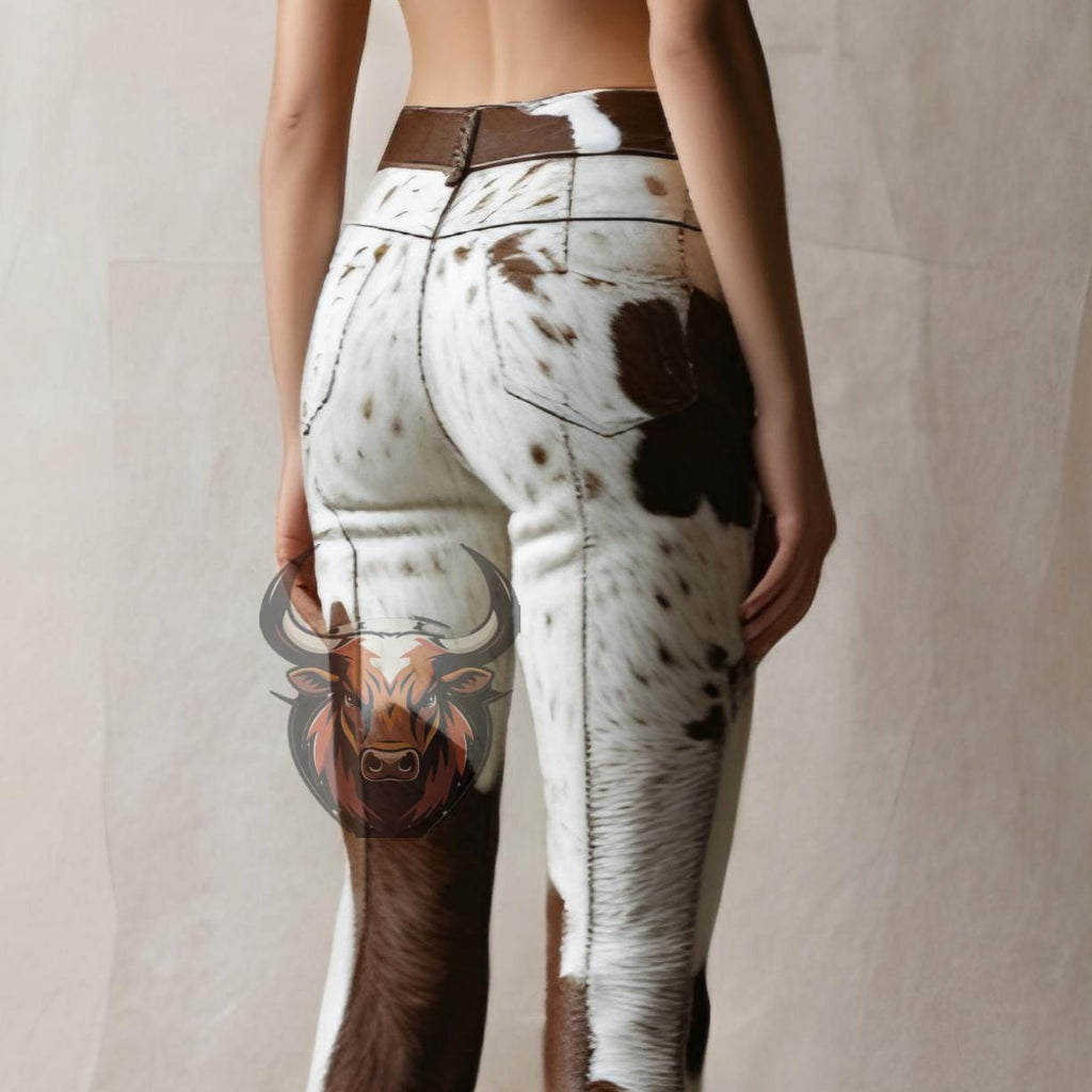 Cowhide Hair-On Leather Pants | Women’s Western Bell Bottoms | Handmade Brown White Flared Trousers