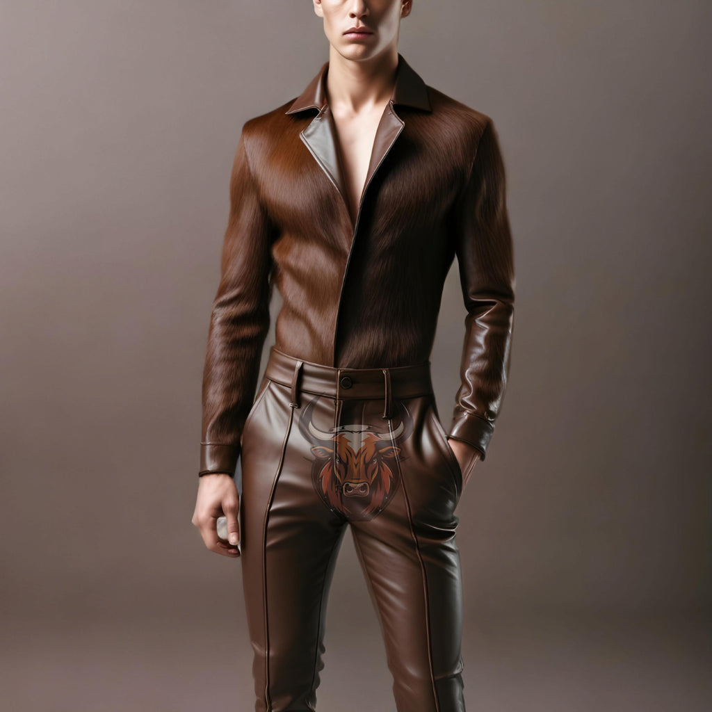 Brown Cowhide Leather Shirt & Pants Set | Men’s Western Biker Outfit | Handmade Suit