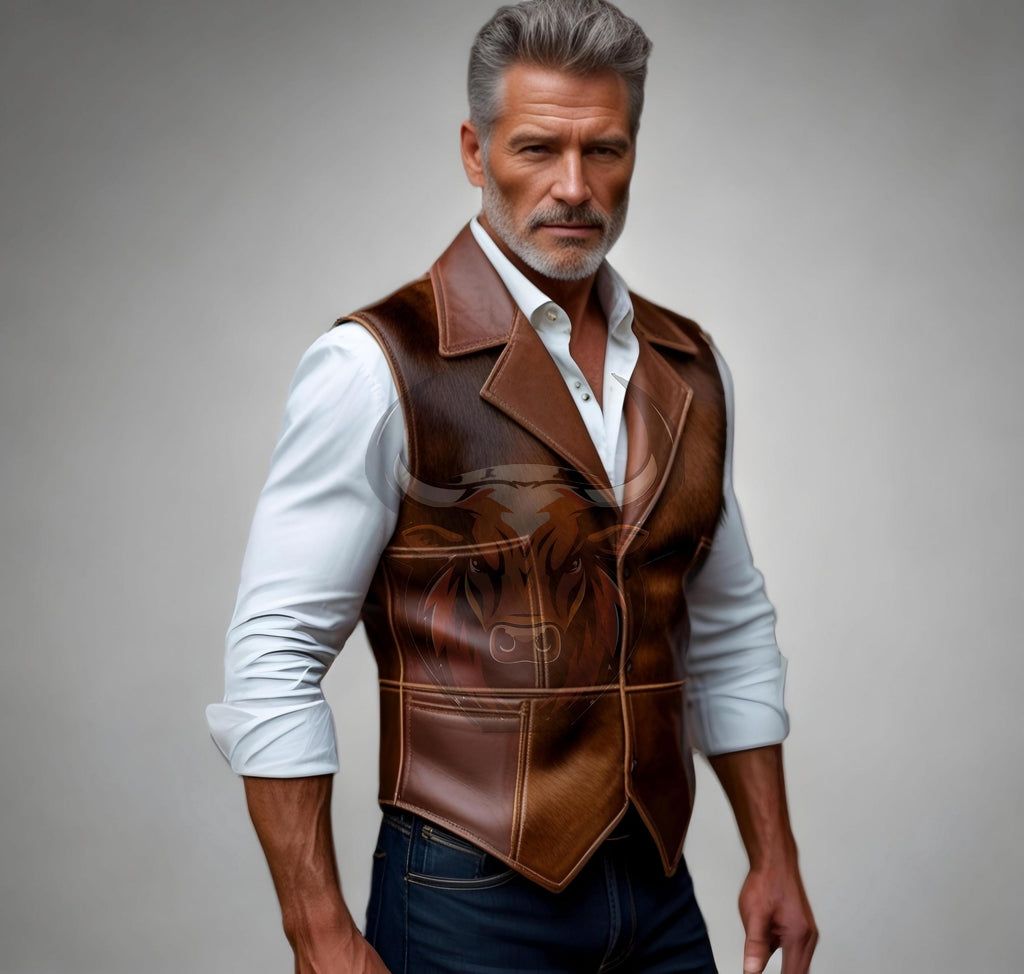 Men’s Genuine Cowhide Leather Vest | Handmade Western Cowboy Waistcoat | Vintage Rustic Biker Rodeo Vest