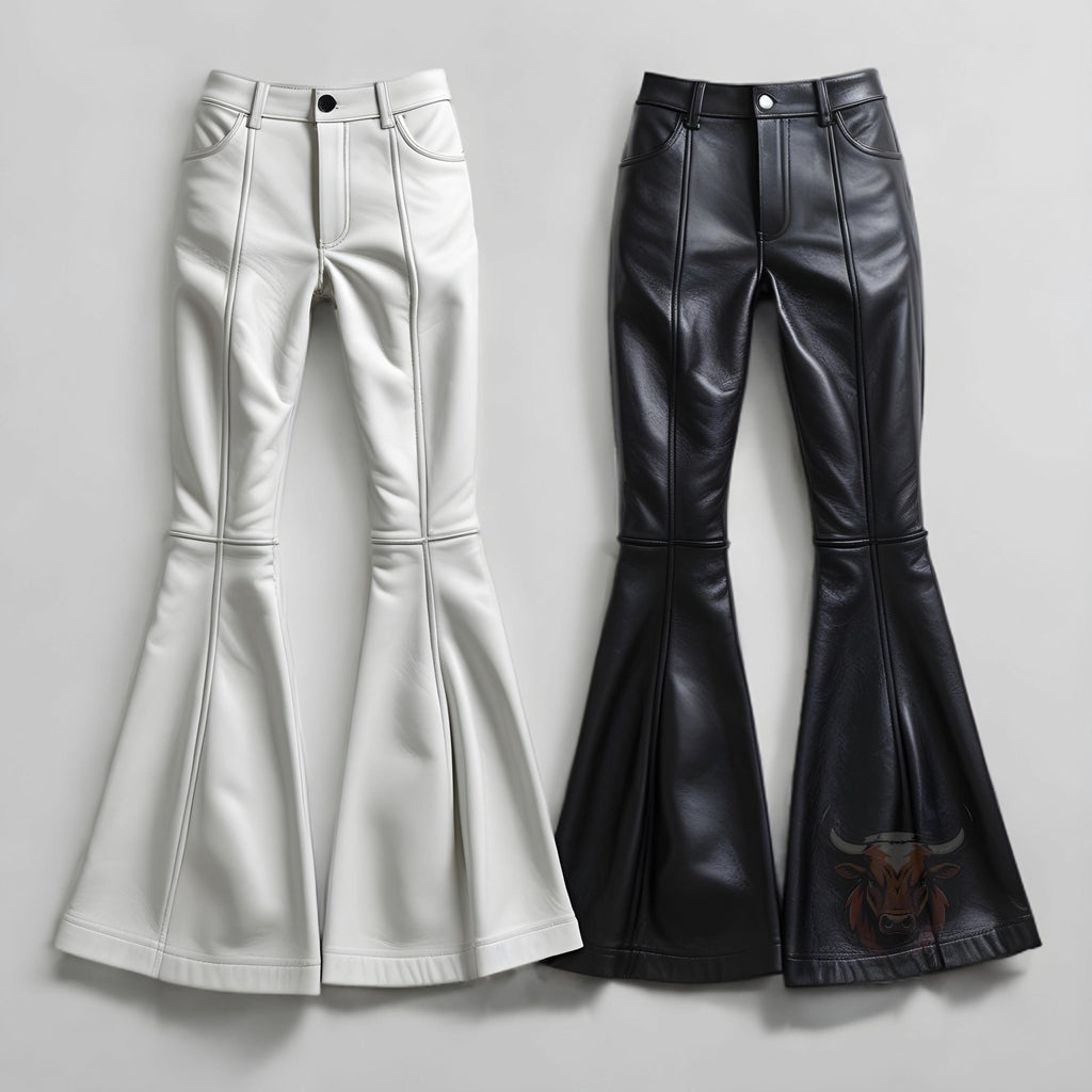 Women’s Handmade Leather Flare Pants | High-Waist Bell Bottoms | Retro Boho Festival Gothic Trousers
