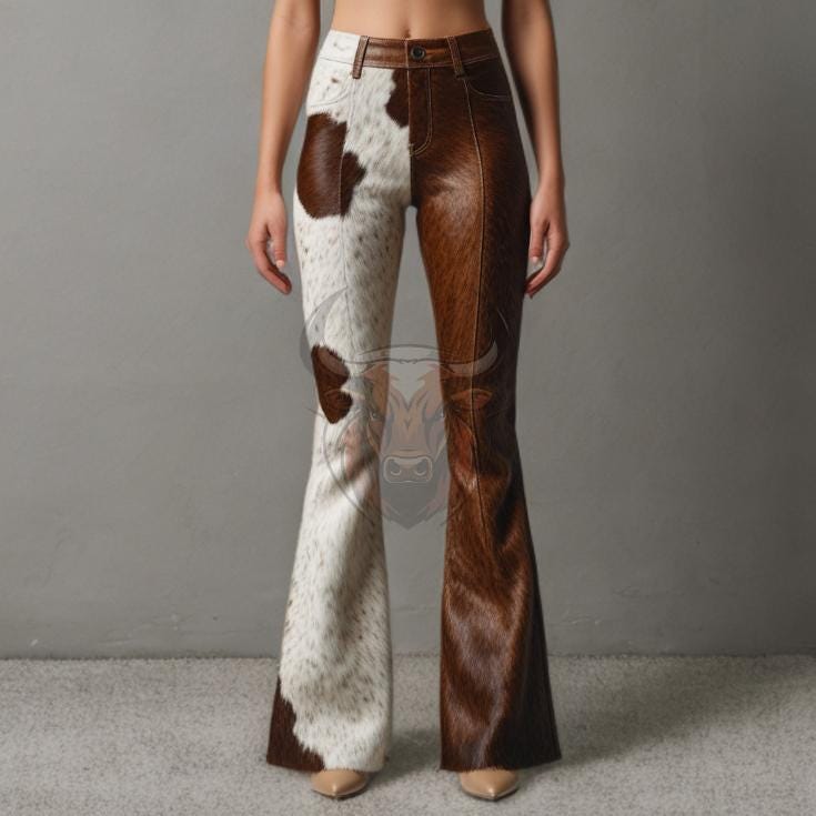 Handmade Cowhide Leather Flare Pants | Brown White Patchwork Bell Bottoms | Western Rodeo Style