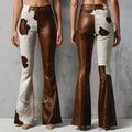 Handmade Cowhide Leather Flare Pants | Brown White Patchwork Bell Bottoms | Western Rodeo Style