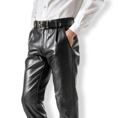Handcrafted Classic Gentleman Black Leather Pants Men Formal Slim Fit Dress Trousers Luxury