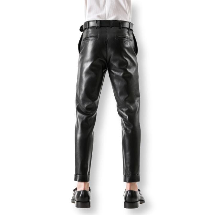 Handcrafted Classic Gentleman Black Leather Pants Men Formal Slim Fit Dress Trousers Luxury