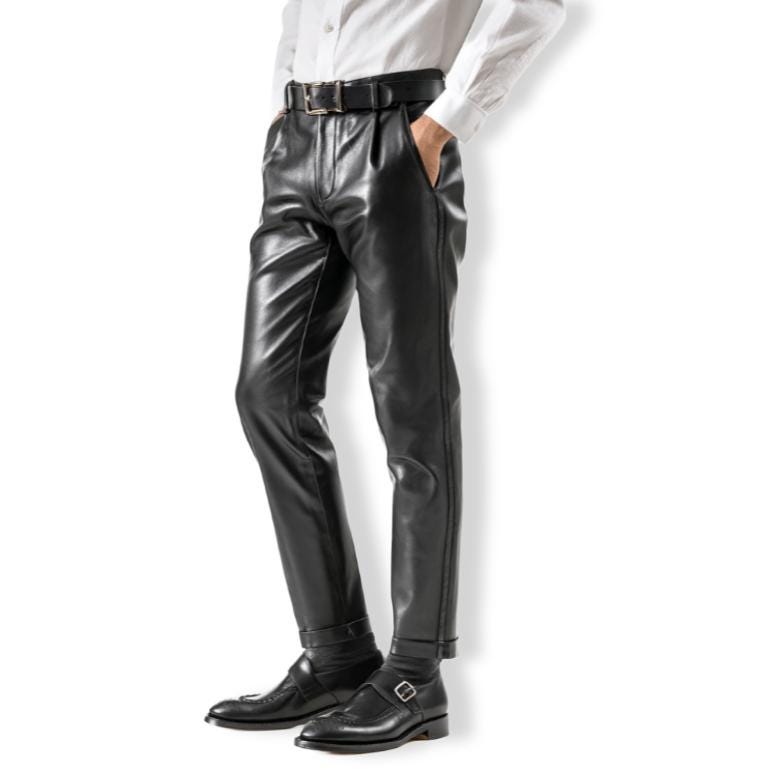 Handcrafted Classic Gentleman Black Leather Pants Men Formal Slim Fit Dress Trousers Luxury