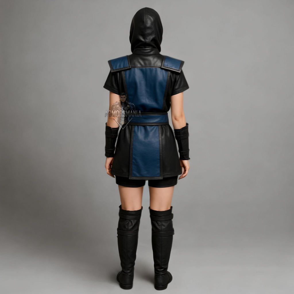 Women's Blue Black Ninja Costume | Mortal-Inspired Leather Cosplay Armor | Halloween Hooded Outfit