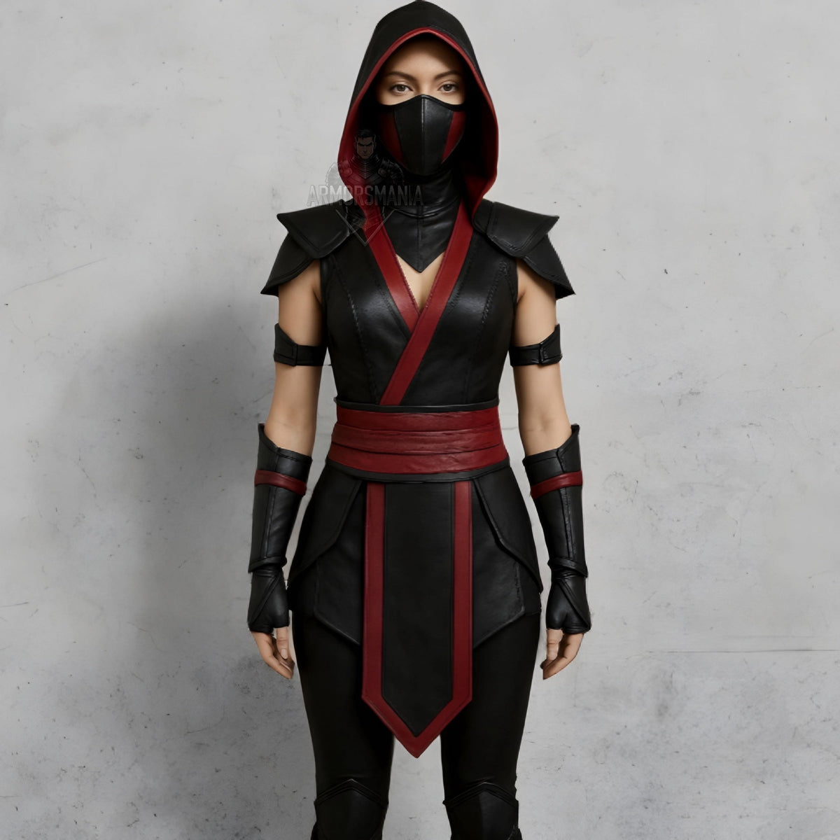 Women’s Ninja Costume | Black & Red Hooded Cosplay Outfit | Mortal-Inspired Halloween Leather Armor