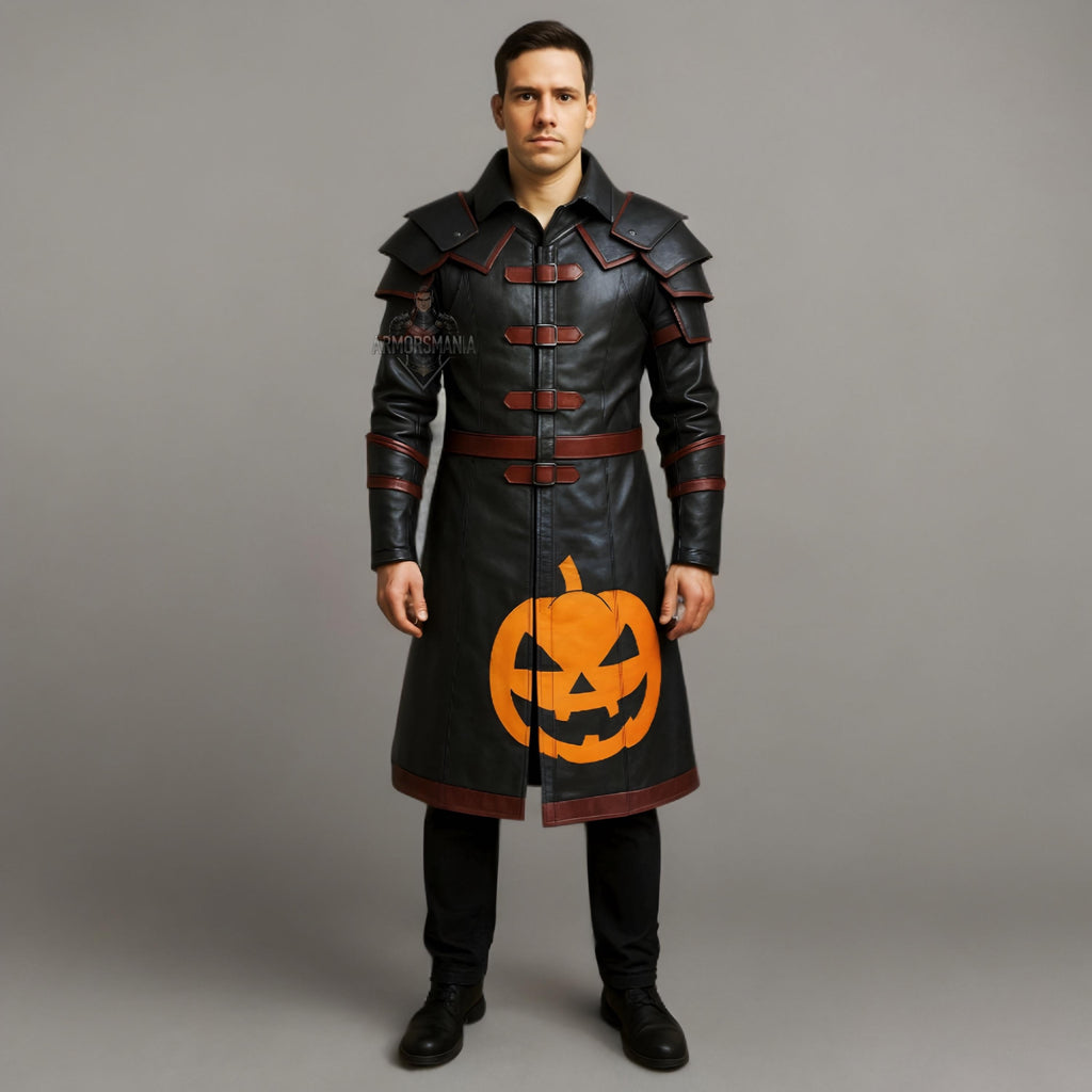 Halloween Pumpkin Leather Trench Coat | Gothic Medieval Armor Costume | Steampunk Cosplay Jacket