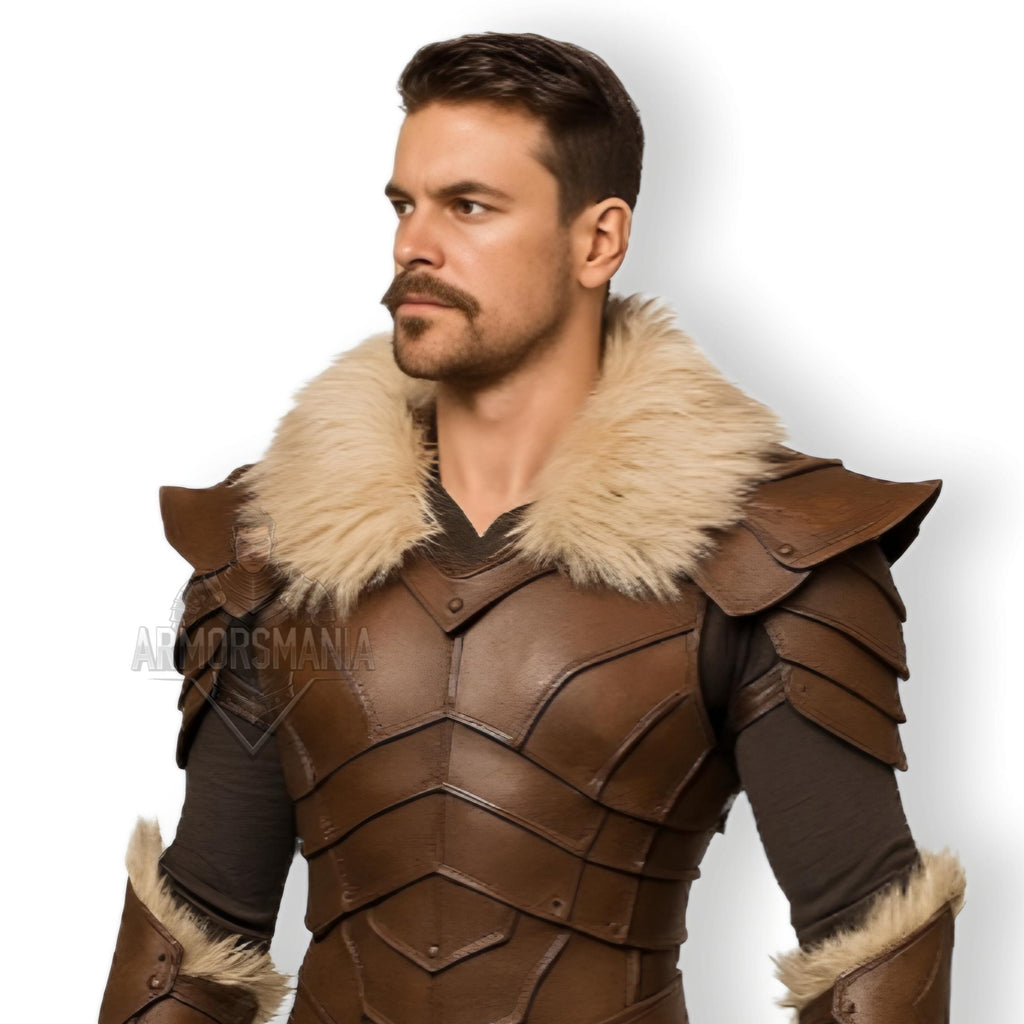 Genuine Leather Viking Armor with Fur Trim | Medieval Cosplay Chestplate & Bracers Outfit