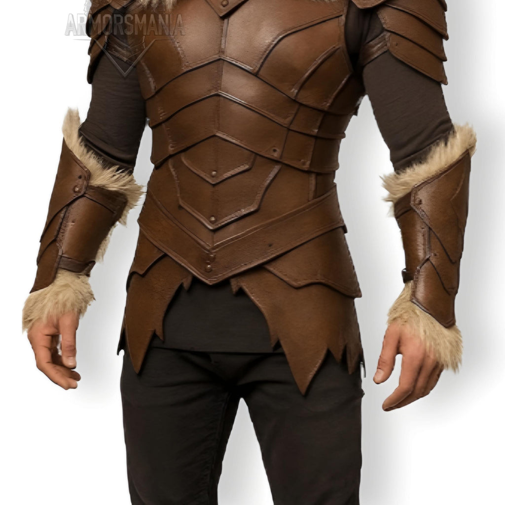 Genuine Leather Viking Armor with Fur Trim | Medieval Cosplay Chestplate & Bracers Outfit