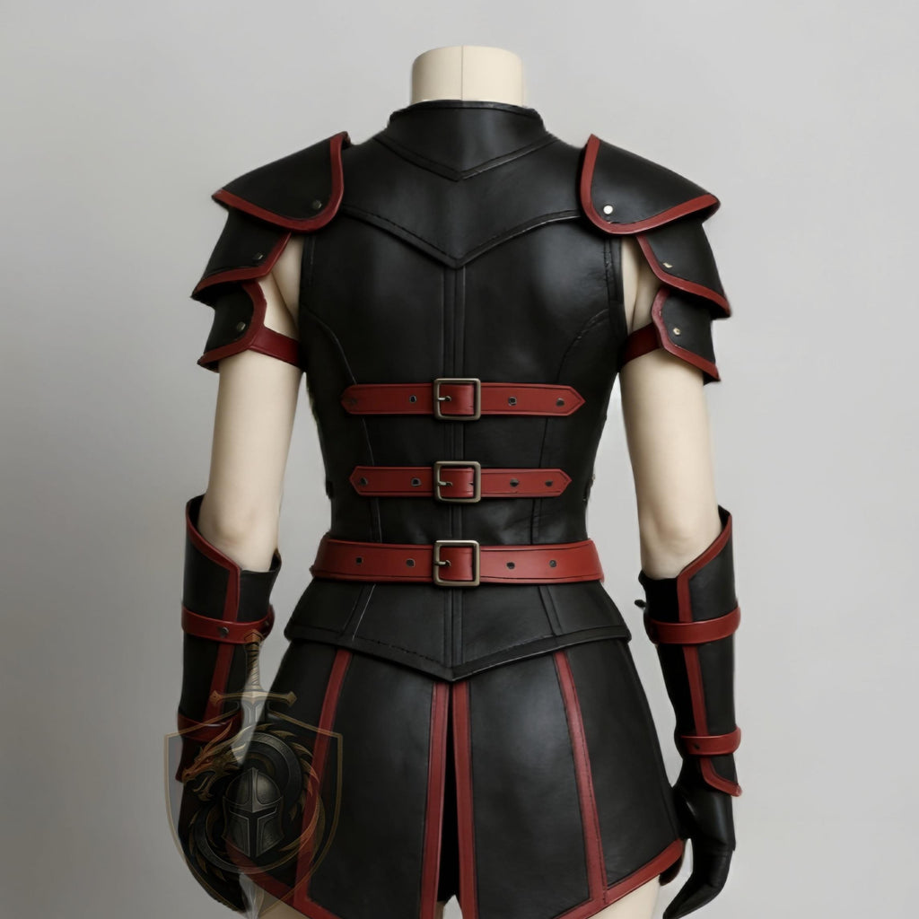 Women's Leather Armor Set | Female Warrior Gladiator Costume | Black Red Cosplay LARP Outfit