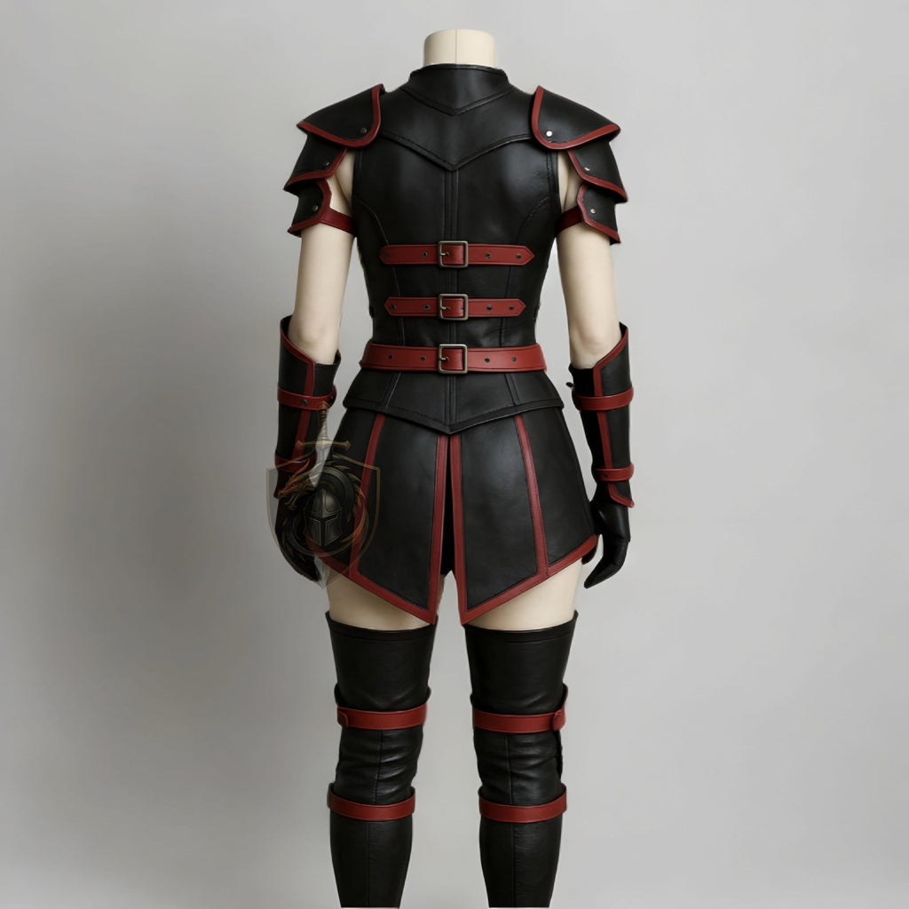 Women's Leather Armor Set | Female Warrior Gladiator Costume | Black Red Cosplay LARP Outfit