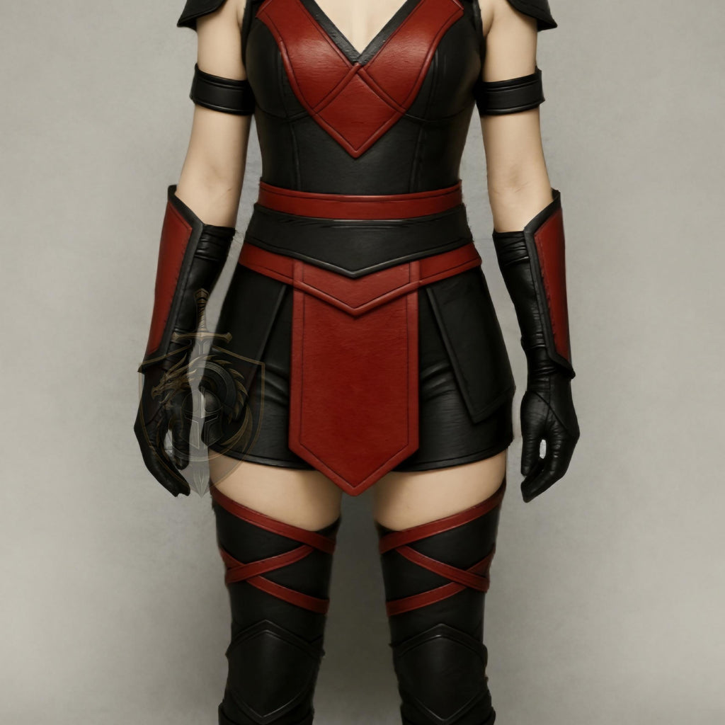 Girls Mortal Kombat Leather Costume | Red Black Hooded Cosplay Armor Outfit | Women’s Halloween