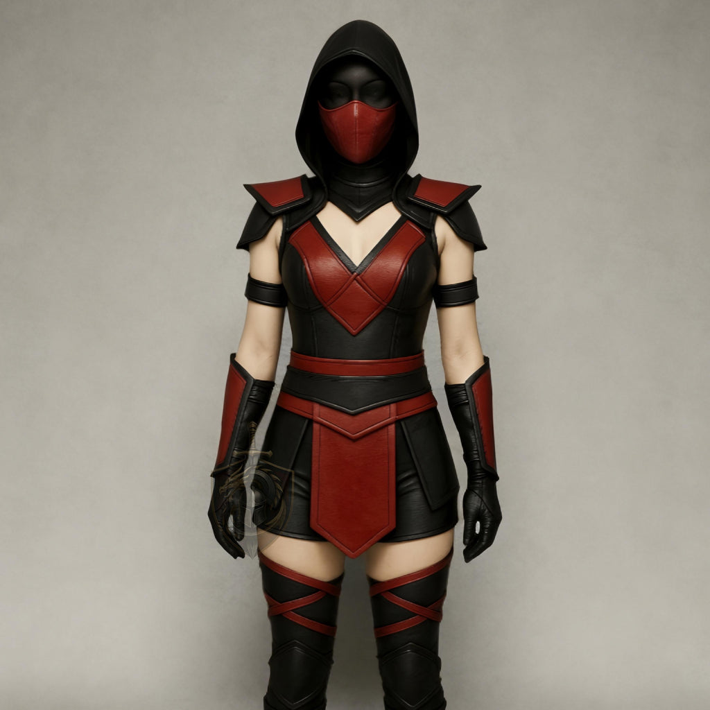 Girls Mortal Kombat Leather Costume | Red Black Hooded Cosplay Armor Outfit | Women’s Halloween