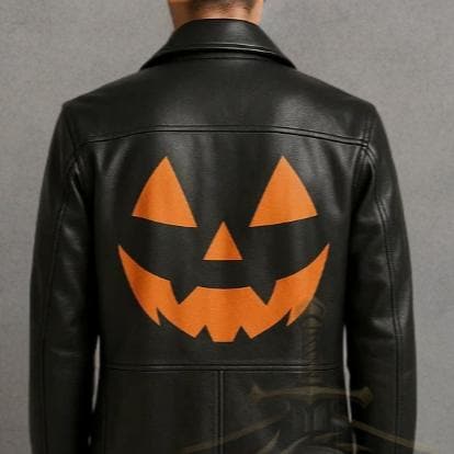 Halloween Pumpkin Face Leather Trench Coat | Men's Gothic Long Black Jacket | Cosplay Costume