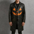 Halloween Pumpkin Face Leather Trench Coat | Men's Gothic Long Black Jacket | Cosplay Costume