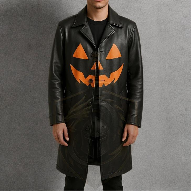 Halloween Pumpkin Face Leather Trench Coat | Men's Gothic Long Black Jacket | Cosplay Costume