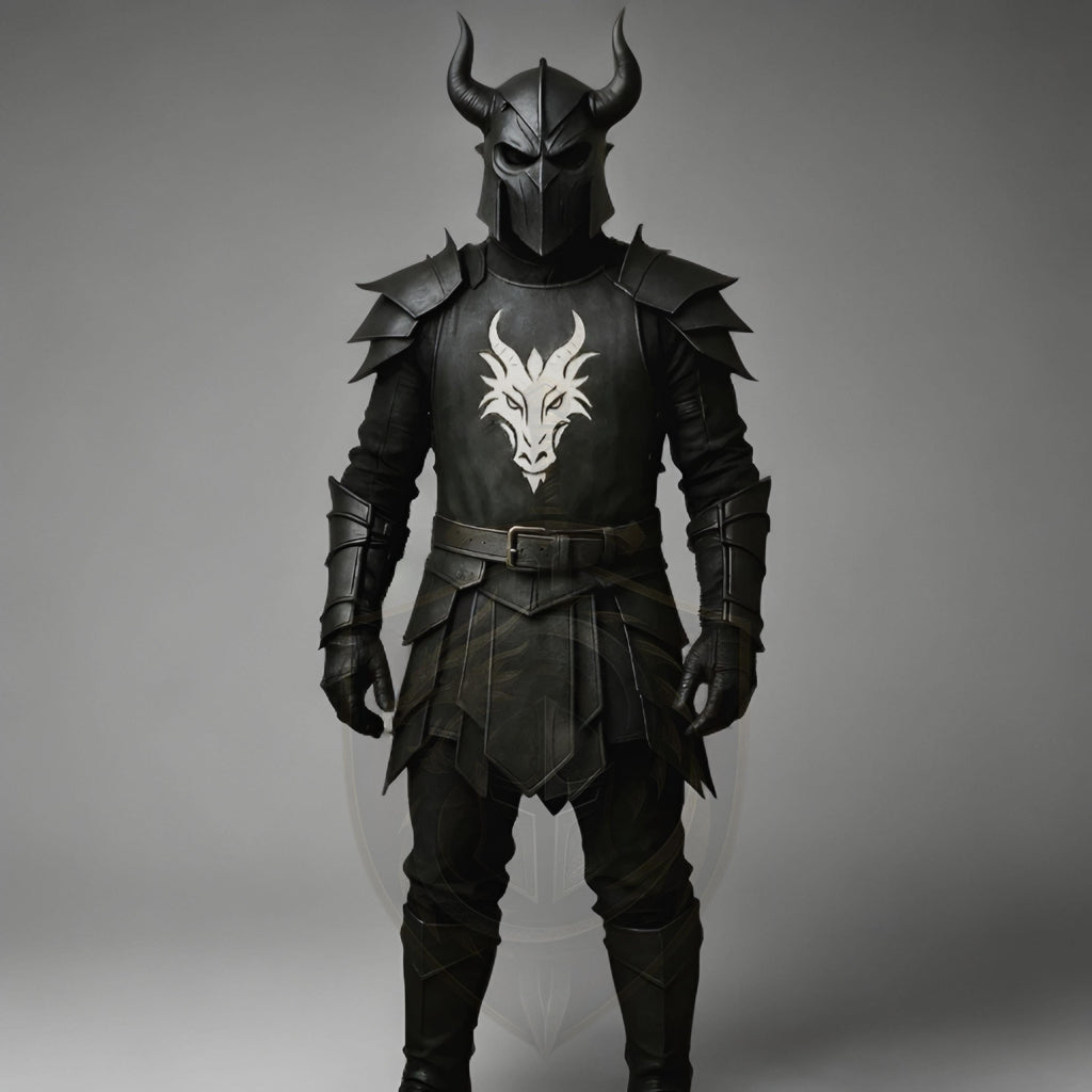 Medieval Black Knight Armor Dragon Crest | Fantasy Cosplay LARP Battle Suit Halloween Costume