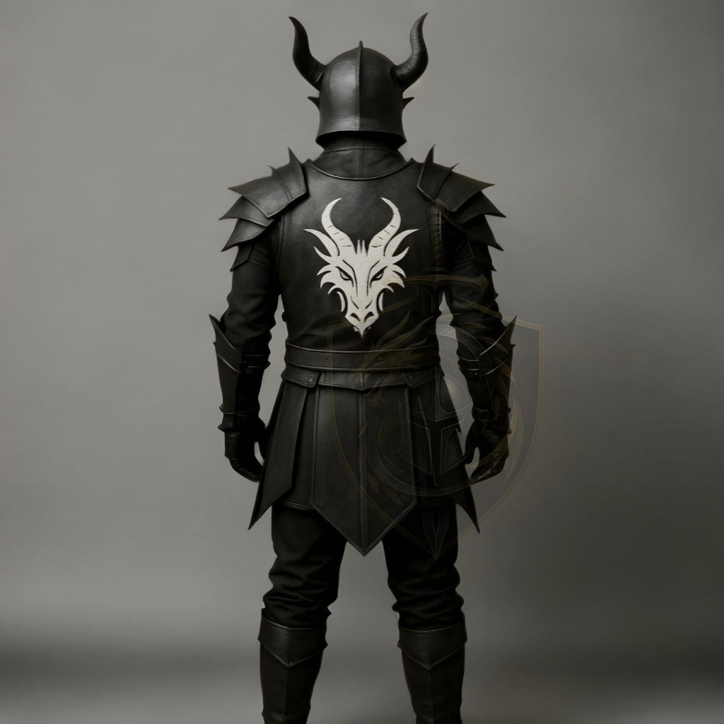 Medieval Black Knight Armor Dragon Crest | Fantasy Cosplay LARP Battle Suit Halloween Costume