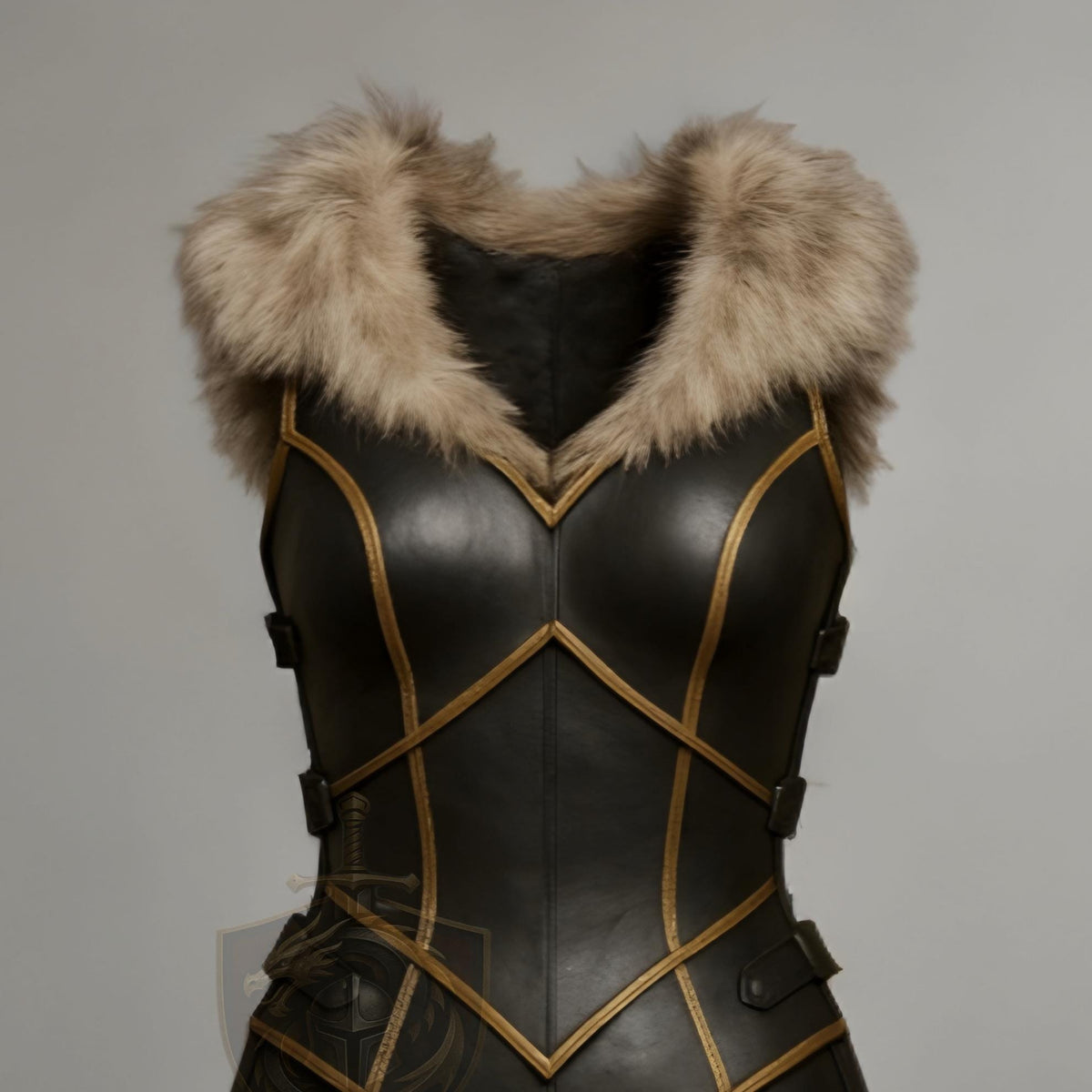 Viking Leather Armor Dress Women | Fantasy Warrior Costume with Fur Collar | Medieval LARP Outfit
