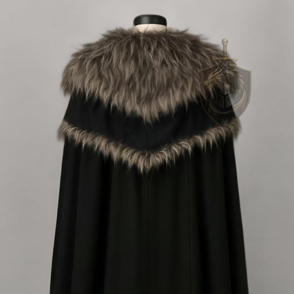 Medieval Black Leather Cloak with Fur Trim | Viking Warrior Cosplay Armor Cape LARP