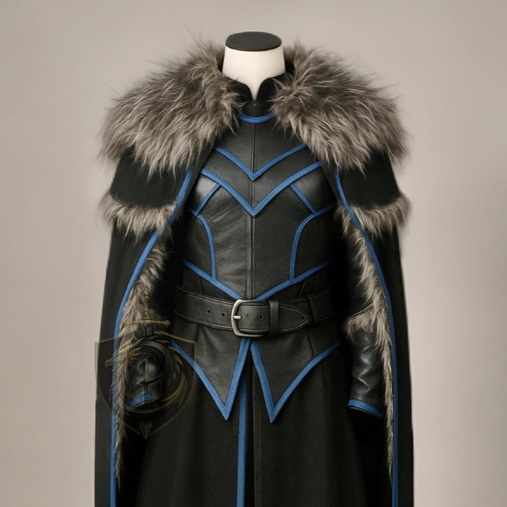Medieval Black Leather Cloak with Fur Trim | Viking Warrior Cosplay Armor Cape LARP