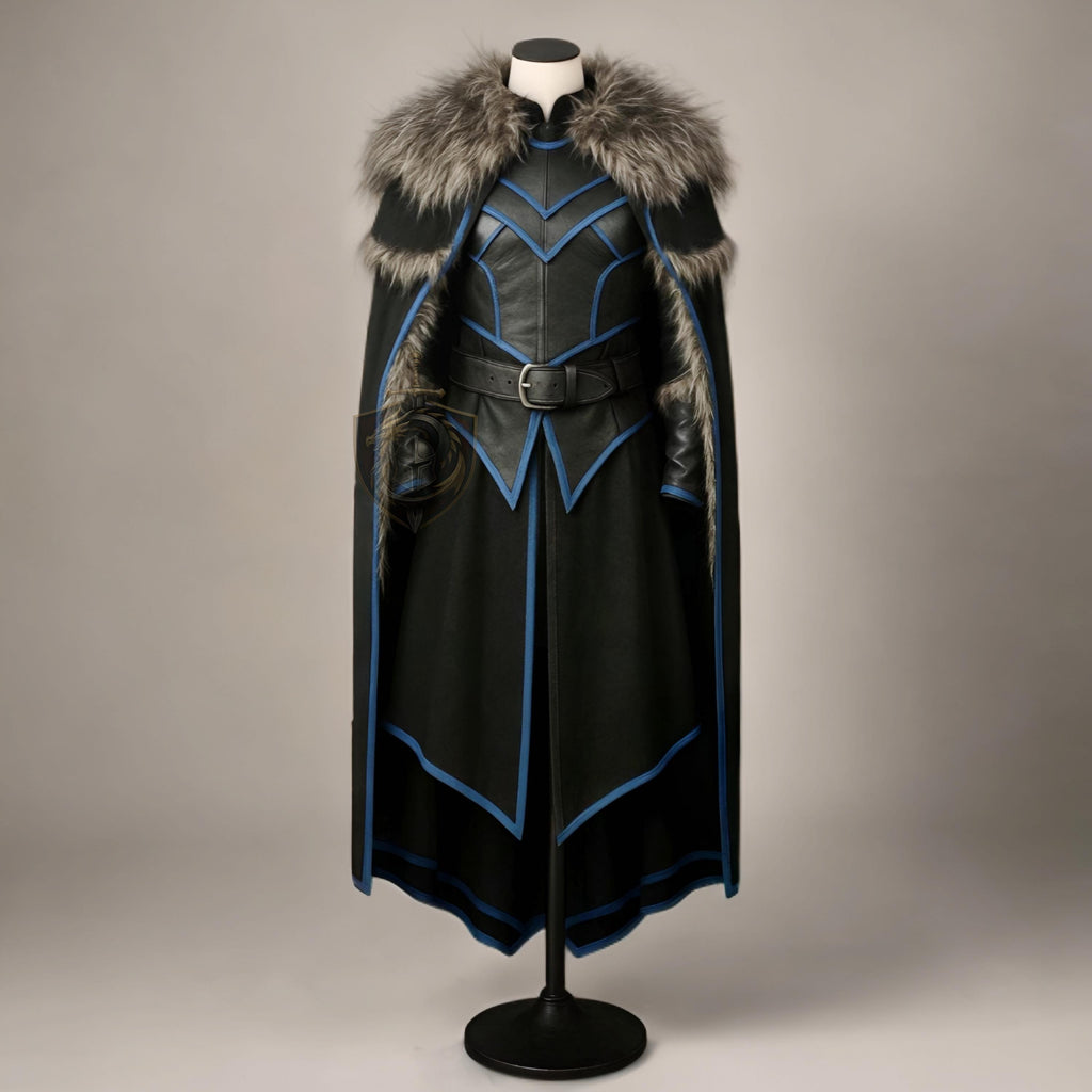 Medieval Black Leather Cloak with Fur Trim | Viking Warrior Cosplay Armor Cape LARP