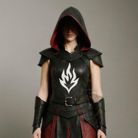 Handcrafted Black Leather Hooded Cloak | Medieval Fantasy Cosplay Cape with White Flame Emblem